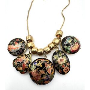 Vintage Cloisonné Charm Necklace Unicorn Peacock Butterfly Floral Five Charms